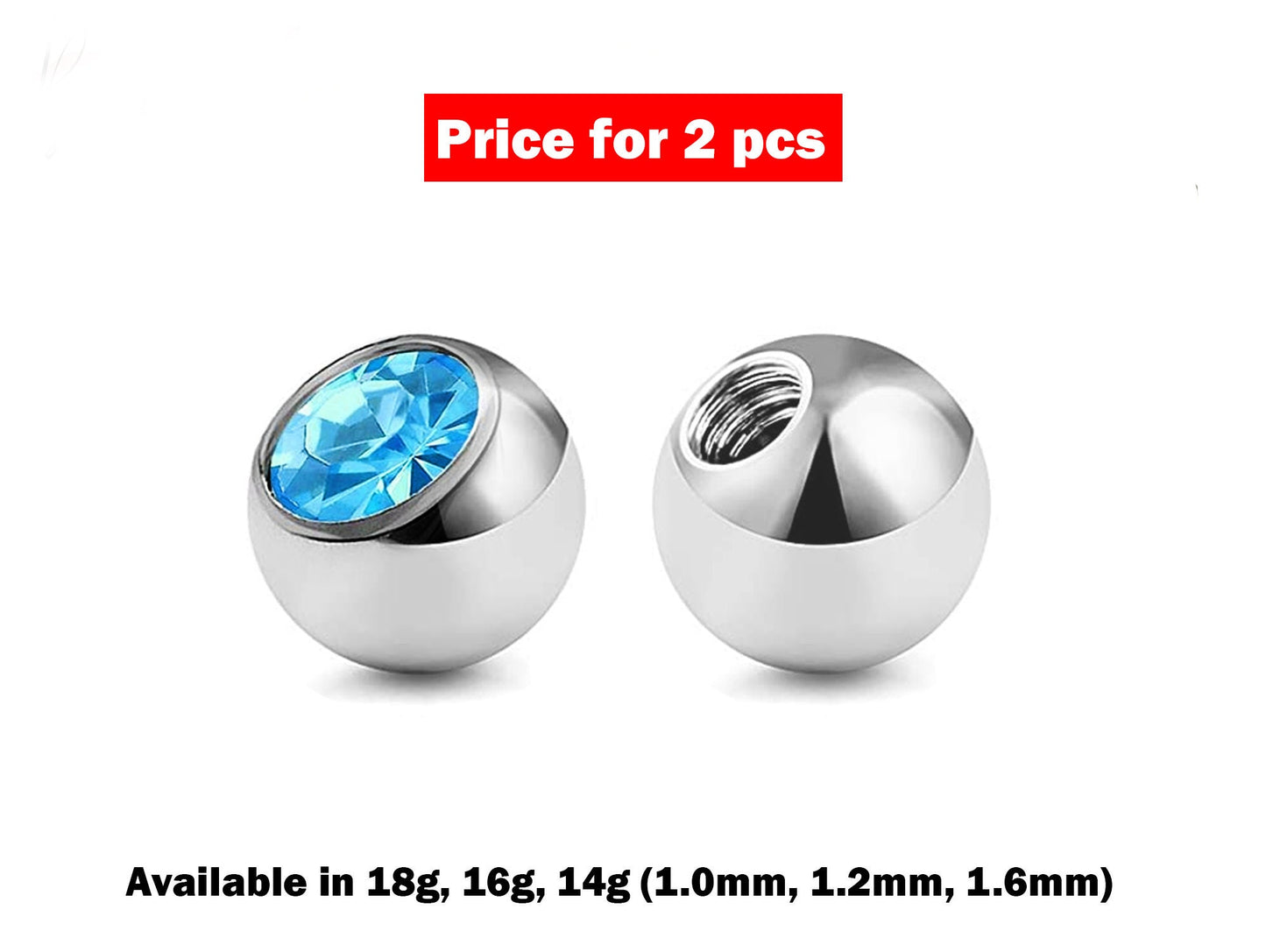 Replacement Piercing Parts Crystal Ball – 2pcs Piercing Gem Ball Loose Part Attachment for Barbell, Labret, Horseshoe Externally Threaded