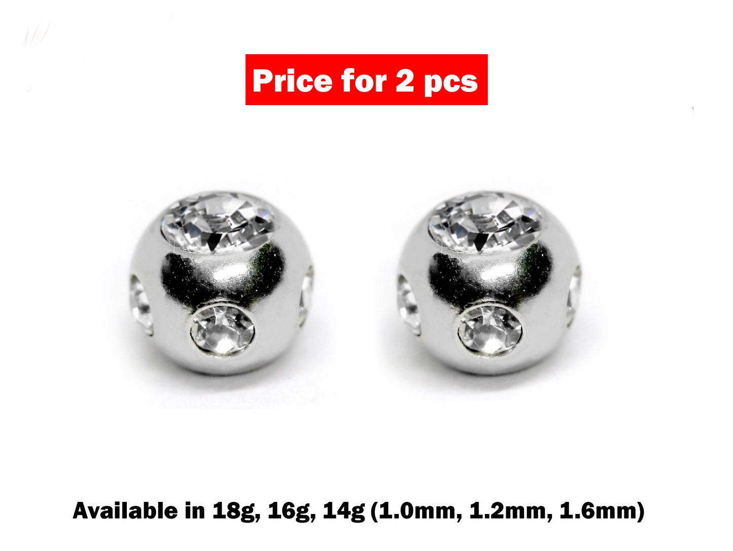 Replacement Piercing Parts Multi Stone Ball Crystal – 2pcs Loose Ball Part - Attachment for Barbell, Labret, Horseshoe Externally Threaded