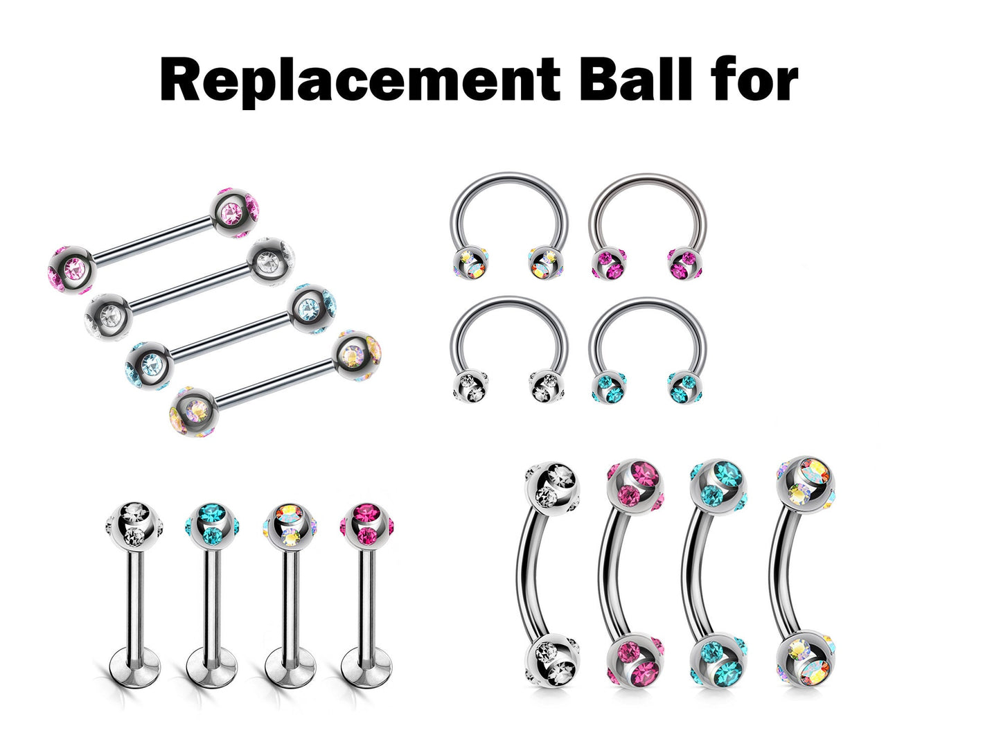 Replacement Ball Parts Multi Stone Ball – 5pcs, 10pcs Piercing Ball Crystals 2pcs each Color Loose part for Barbell, Labret, Horseshoe