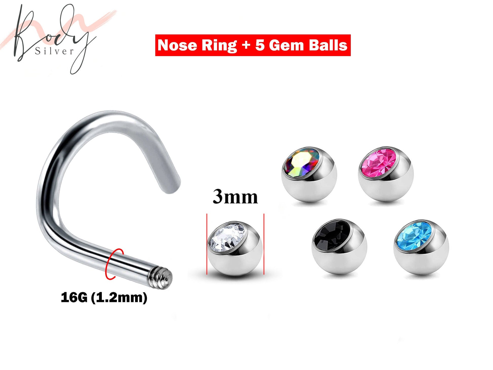 Nose Piercing, Nostril Screw - 5 replacement Gem Balls - Nostril Studs with Crystal Ball CZ - Body Piercing Nose Jewelry, Nose Pin