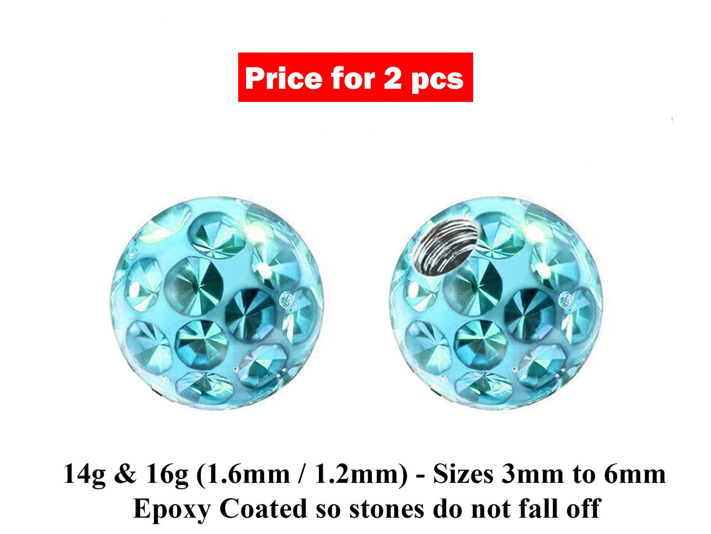 Replacement Piercing Parts, Epoxy Coated Disco Ball Crystal – 2pcs Ferido Ball Threaded Loose Part Attachment for Barbell, Labret, Horseshoe