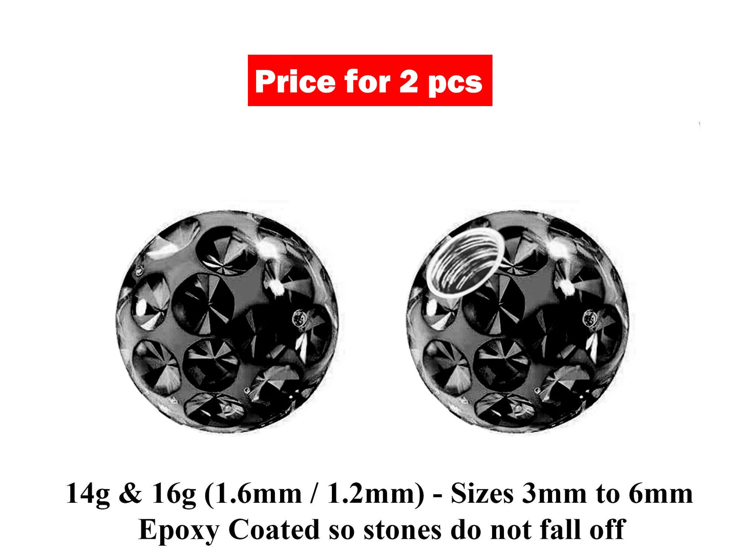 Replacement Piercing Parts, Epoxy Coated Disco Ball Crystal – 2pcs Ferido Ball Threaded Loose Part Attachment for Barbell, Labret, Horseshoe