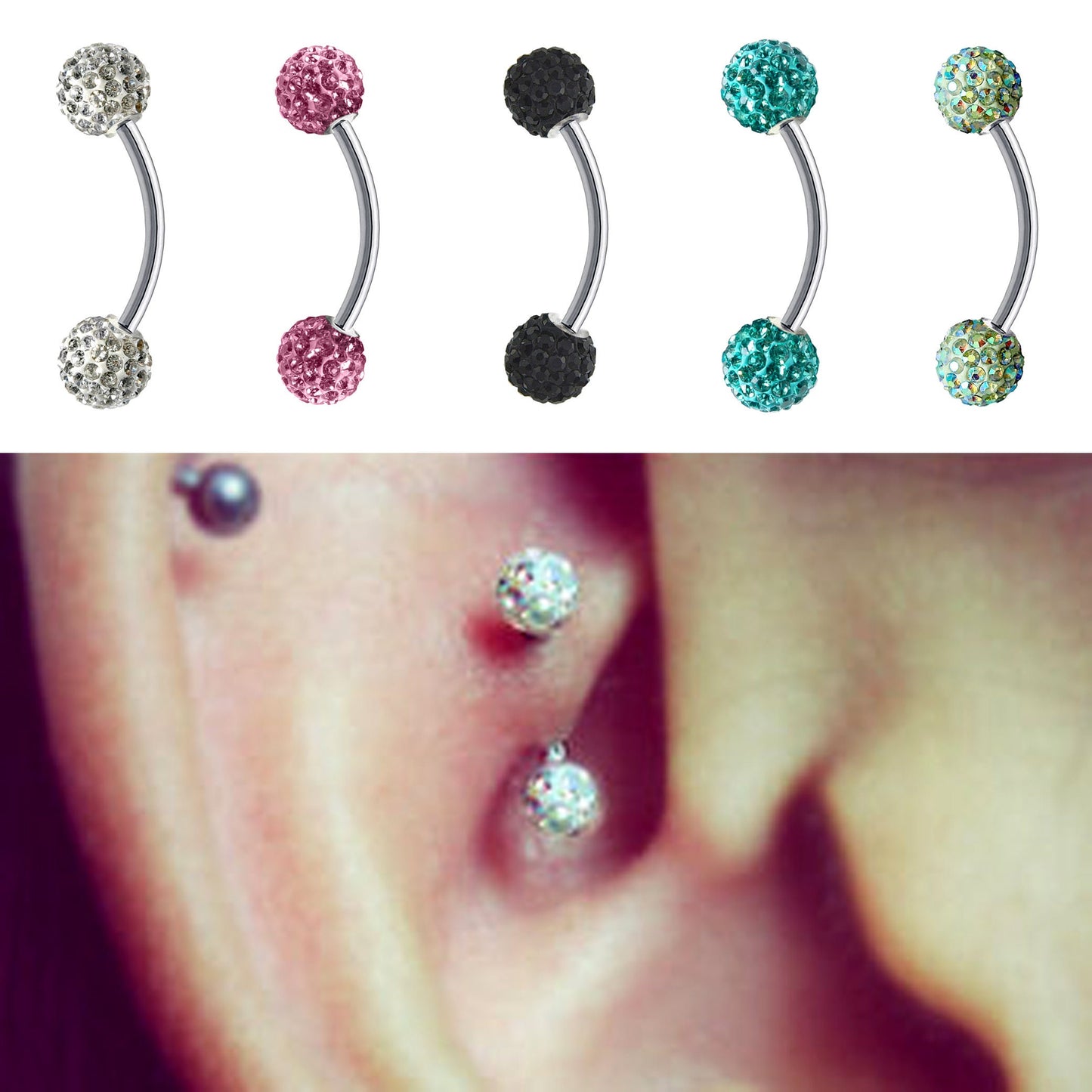 Eyebrow Piercing, Bent Barbell - Curve Barbell with Ferido Crystal Ball - Piercing for Ear Tragus, Helix Earring Stud ,Daith ,Lip