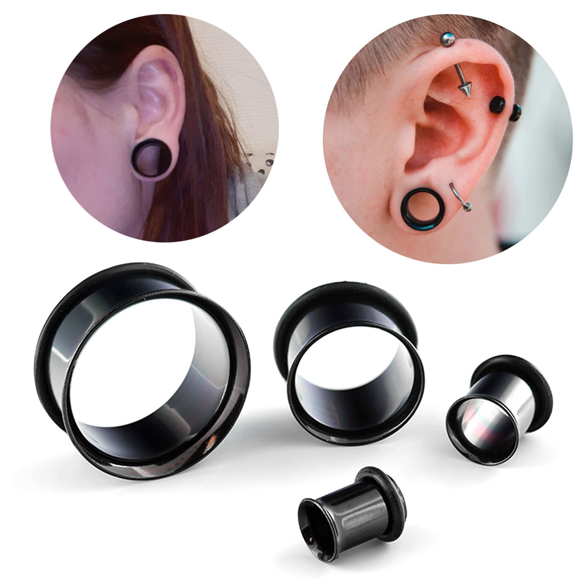 Single Flare Plugs, Ear Stretchers - Titanium Steel Single Flared Tunnels, Taper with Rubber O-ring - Steel and Black Color