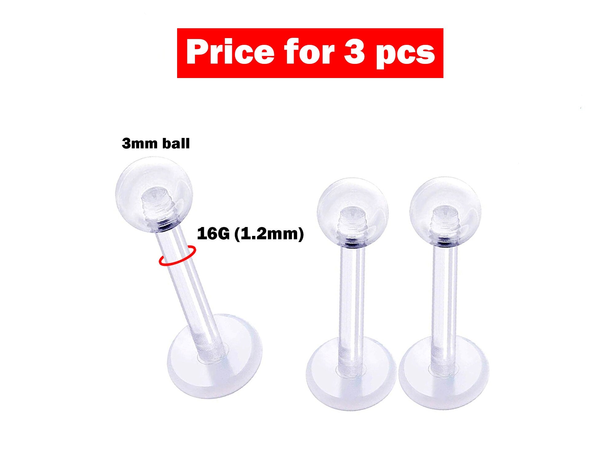 Pair 16G 3/8" Clear Soft Flex Plastic Lip Labret Piercing Retainers - Bio Flex