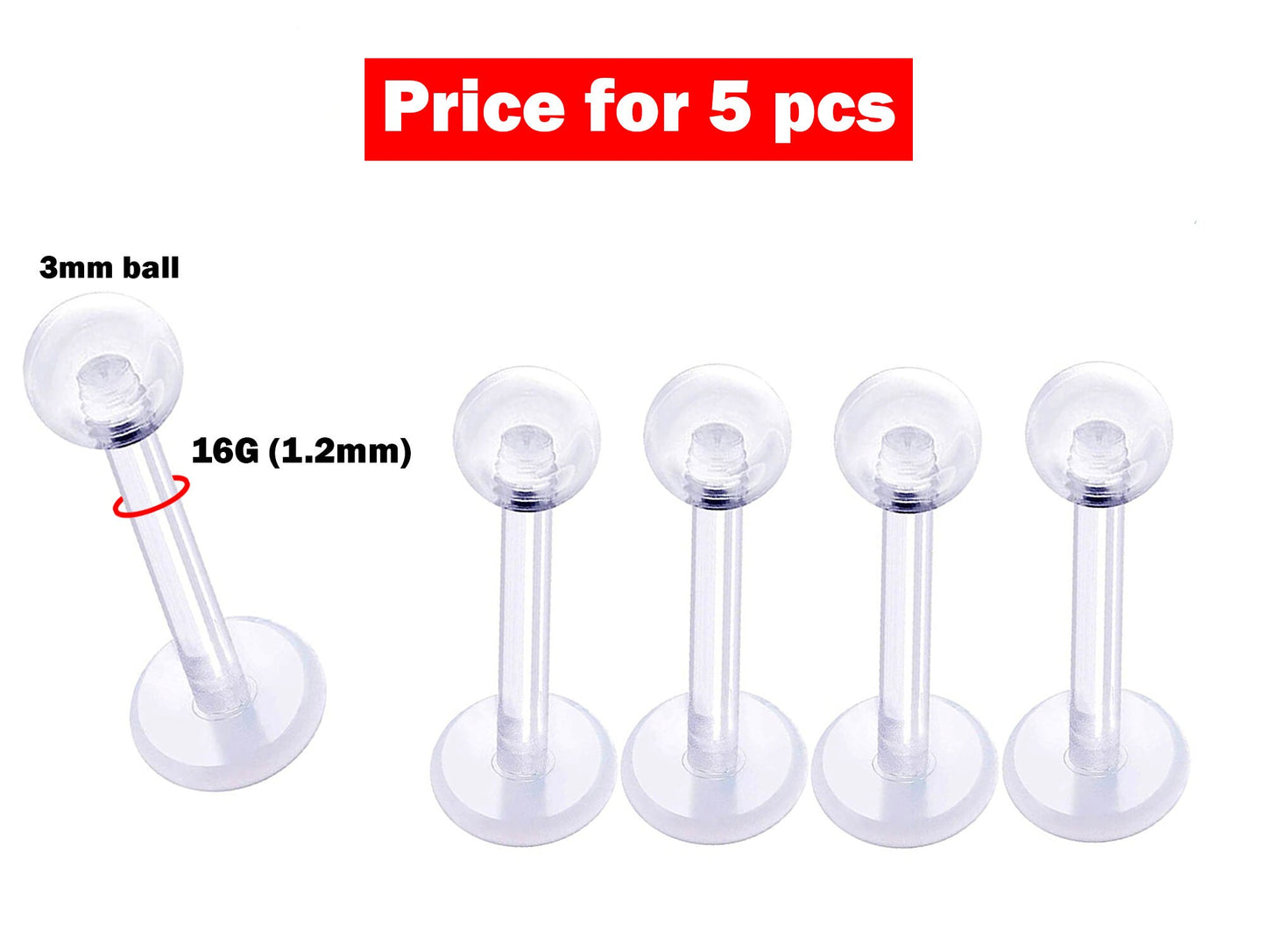 Cartilage Stud, Lip Piercing- 16g Bioflex Labret Jewelry Retainer - 2pcs, 3pcs, 5pcs 10pcs - Flexible Piercing for Monroe Lip ,side labret