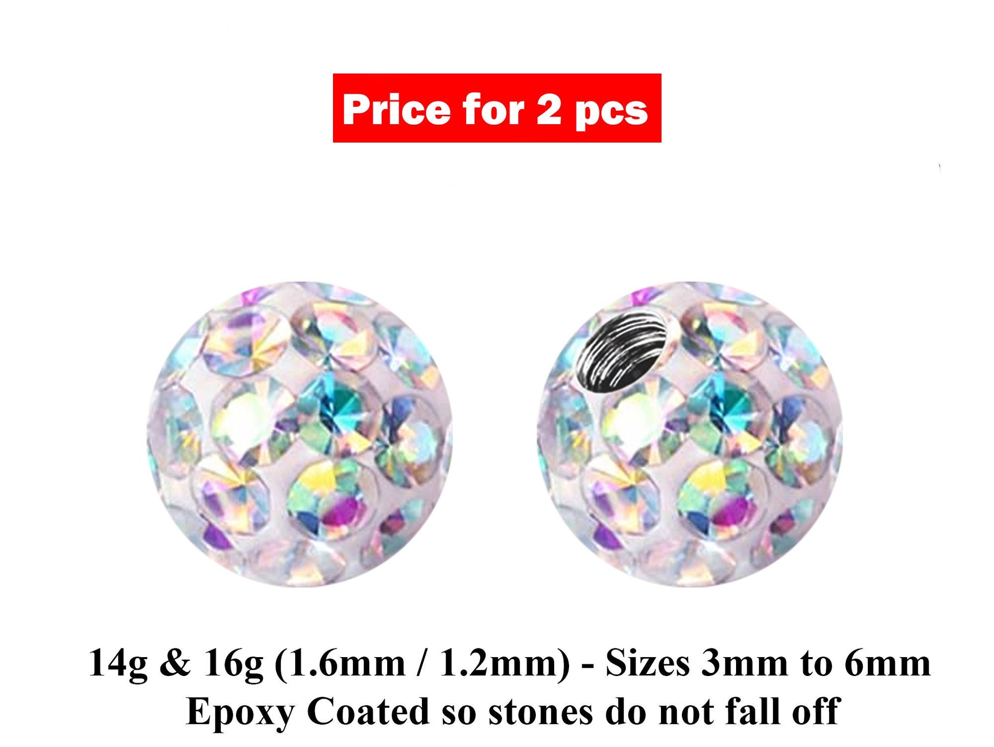 Replacement Piercing Parts, Epoxy Coated Disco Ball Crystal – 2pcs Ferido Ball Threaded Loose Part Attachment for Barbell, Labret, Horseshoe