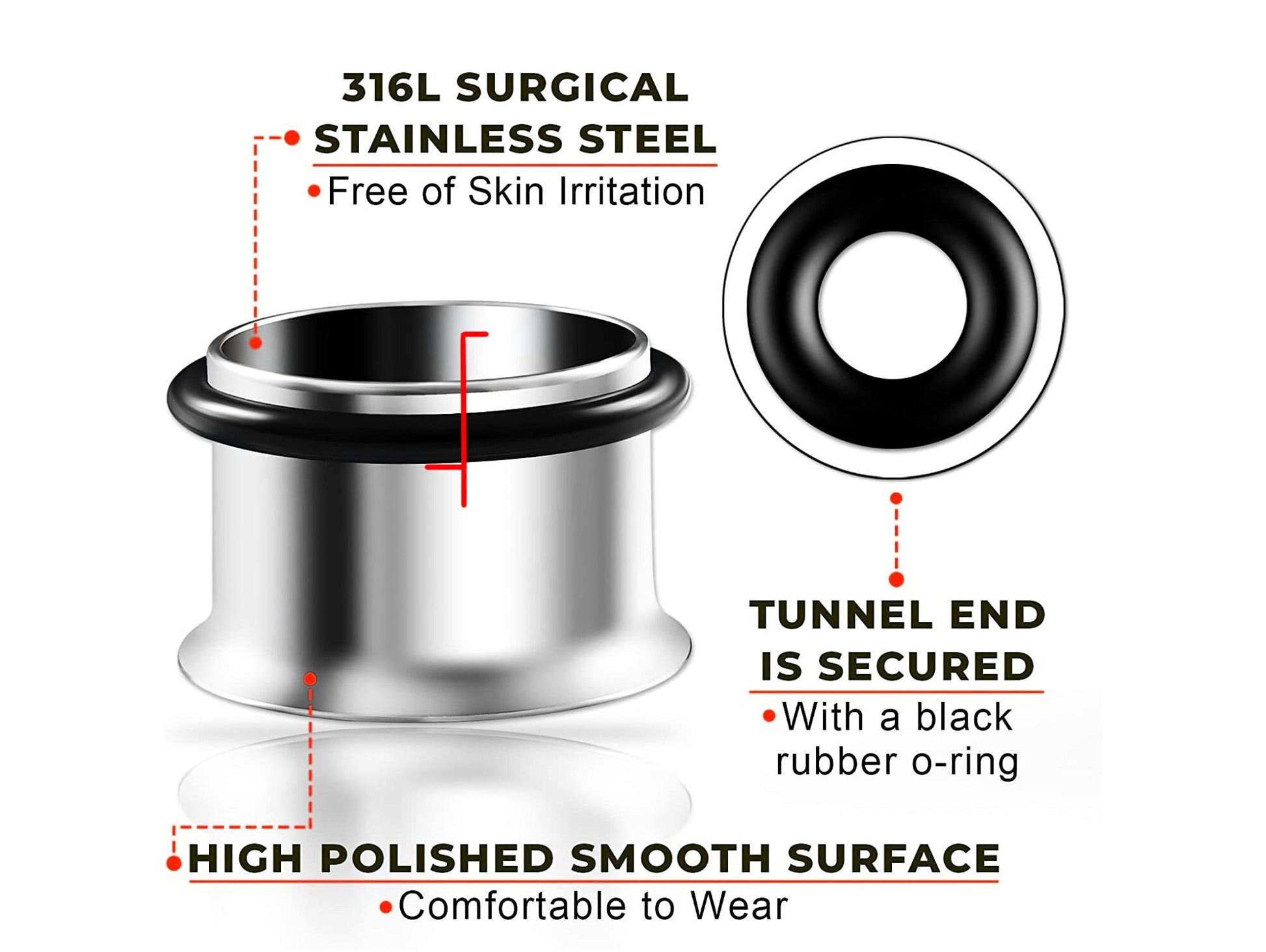 Single Flare Plugs, Ear Stretchers - Surgical Steel Single Flared Tunnels, Taper with Rubber O-ring - Steel and Black Color