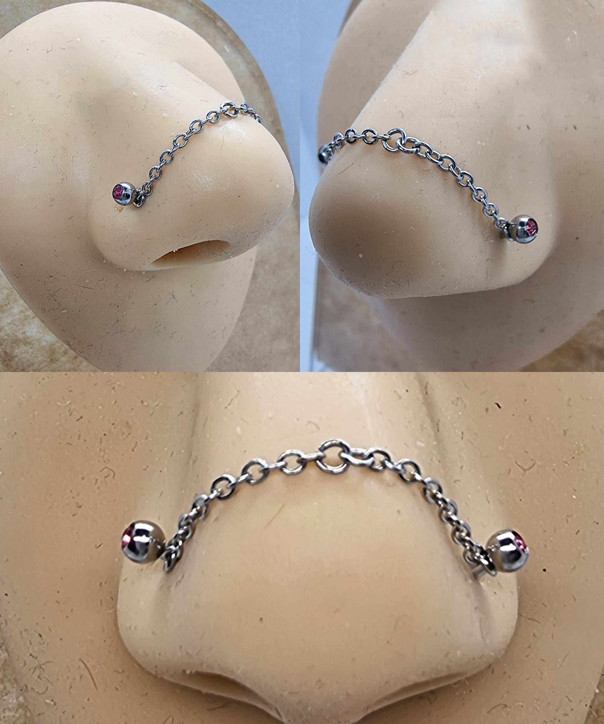 Titanium Nasallang Piercing, Nostril Chain- Nose Piercing with Nostril Screw Gem Ball CZ Crystals - Nostril Jewelry with Bridge Chain