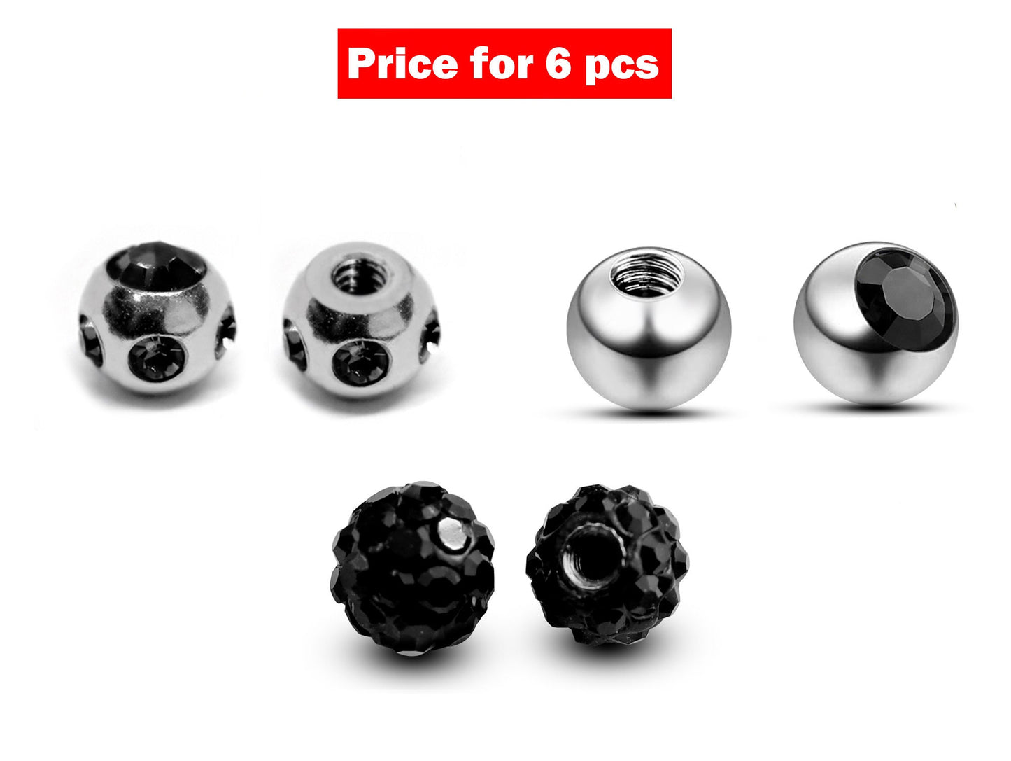 Replacement Piercing Parts Ball Crystal – 6pcs Loose Ball Part - Attachment for Barbell Ball Piercing, Labret, Horseshoe Externally Threaded