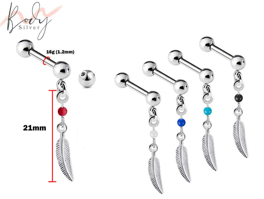 Tragus Earring, Barbell Charm - 16g Straight barbell with Silver Dangle Feather Charm -Piercing for Helix, Rook, Industrial Bar, Snug