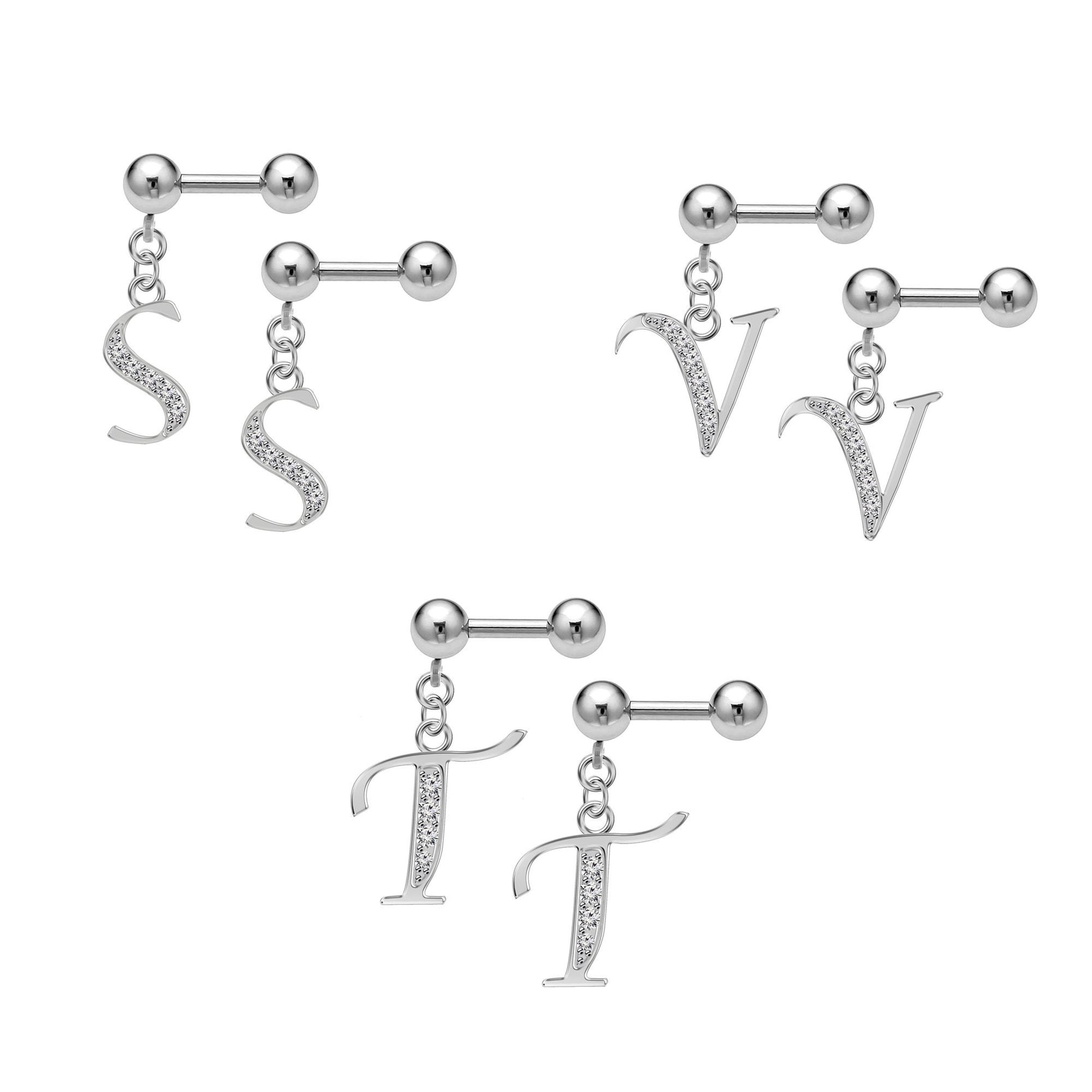 Helix Earrings, Barbell Charm - 16g Barbell Studs with Silver Dangle Alphabet A-Z Charm - Piercing for Rook, Industrial Bar, Tragus