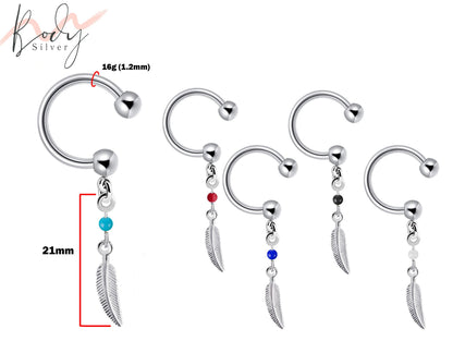 Horseshoe Barbell, Nipple Ring - 16g Circular Barbell Piercing with Silver Dangle Feather Charm -Piercing for Nose Septum, Earring, Conch