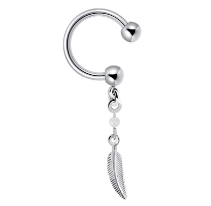 Horseshoe Barbell, Nipple Ring - 16g Circular Barbell Piercing with Silver Dangle Feather Charm -Piercing for Nose Septum, Earring, Conch