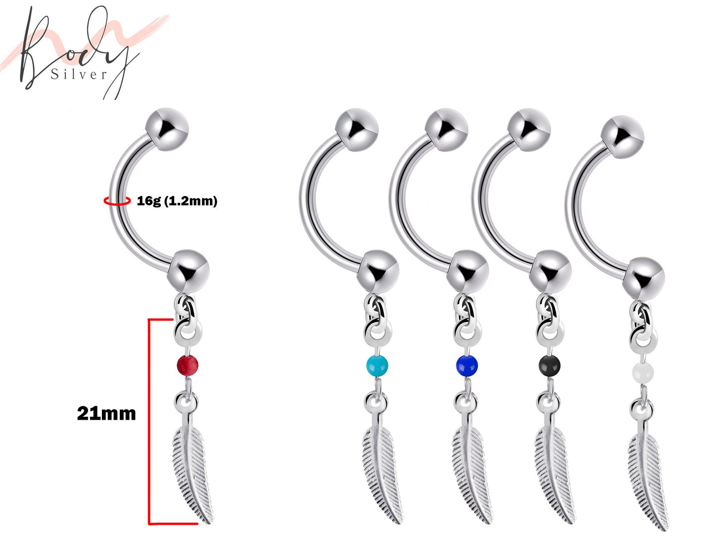 Eyebrow Ring, Bent Barbell - 16g Eyebrow Bar with Dangle Feather Charm -Piercing for Nipple, Belly Bar, Bridge Pierced, Vertical Labret