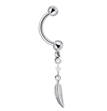 Eyebrow Ring, Bent Barbell - 16g Eyebrow Bar with Dangle Feather Charm -Piercing for Nipple, Belly Bar, Bridge Pierced, Vertical Labret