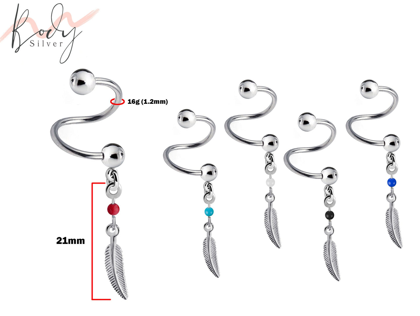 Spiral Barbell - 16g Twisted Barbell Piercing with Silver Dangle Feather Charm - Piercing for Helix, Tragus, Daith, Ear Cartilage