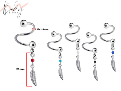 Spiral Barbell - 16g Twisted Barbell Piercing with Silver Dangle Feather Charm - Piercing for Helix, Tragus, Daith, Ear Cartilage