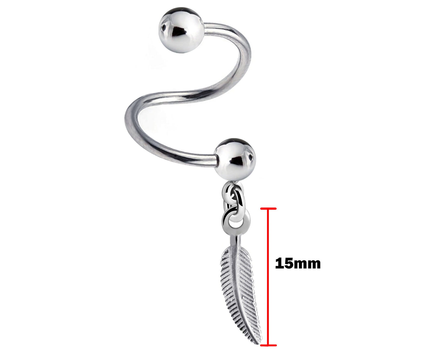 Spiral Barbell - 16g Twisted Barbell Piercing with Silver Dangle Feather Charm - Piercing for Helix, Tragus, Daith, Ear Cartilage