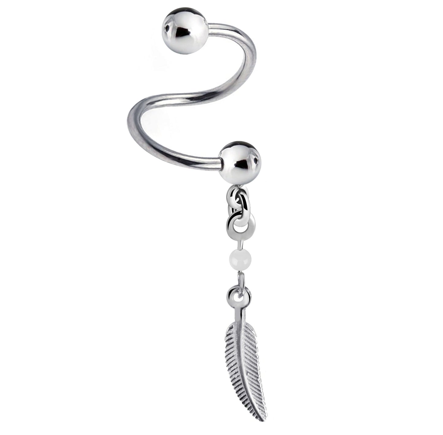 Spiral Barbell - 16g Twisted Barbell Piercing with Silver Dangle Feather Charm - Piercing for Helix, Tragus, Daith, Ear Cartilage