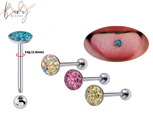 Tongue Ring, Straight Barbell Piercing - (1.6mm) 14g Flat top Tongue Bars with top Coated CZ Crystals - Barbell Studs, Tongue Bar