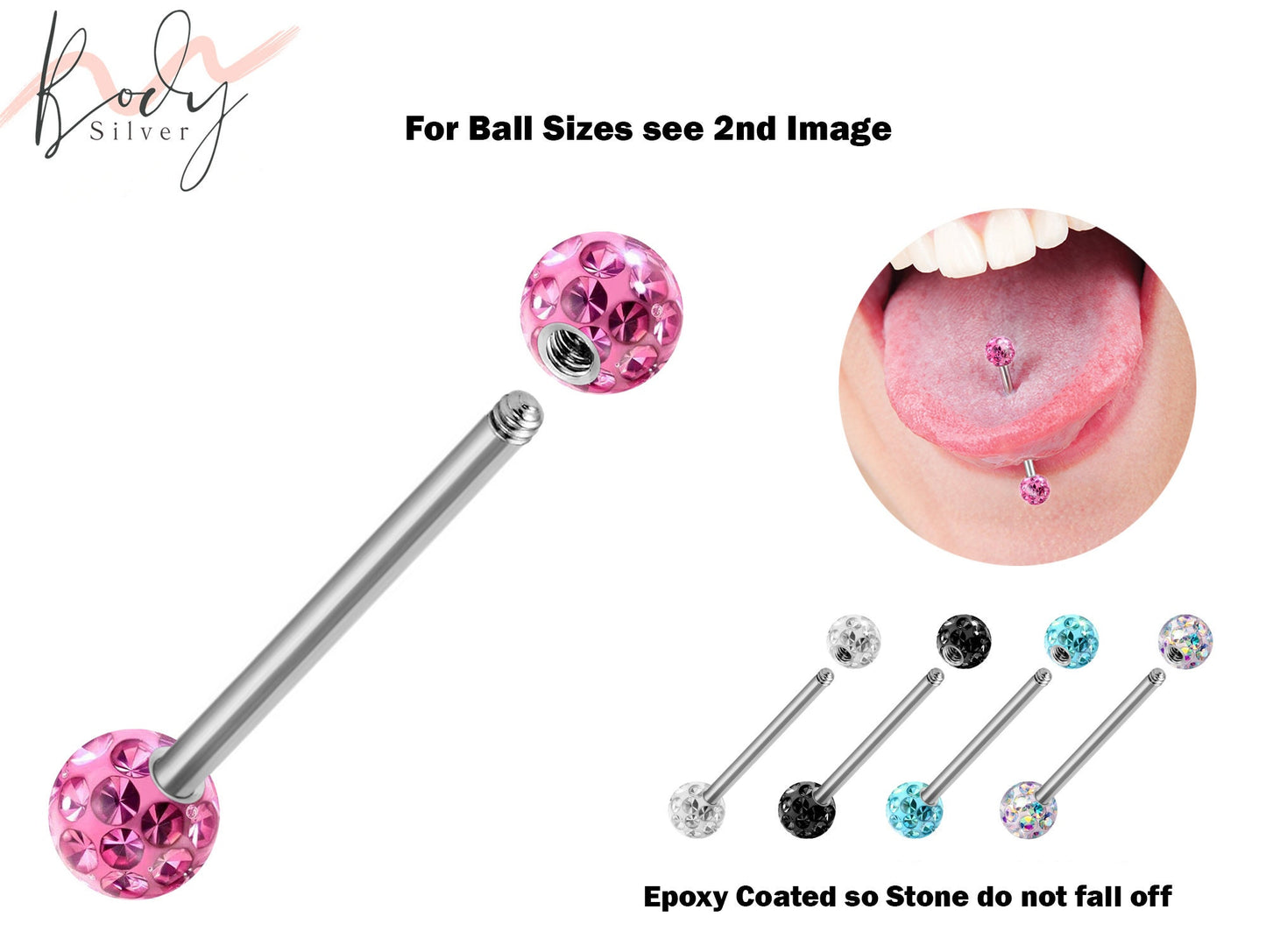 Tongue Ring, Straight Barbell Piercing - Barbell Studs with Epoxy Coated CZ Crystals - Industrial Piercing, Oral Piercing, Tongue Frenulum