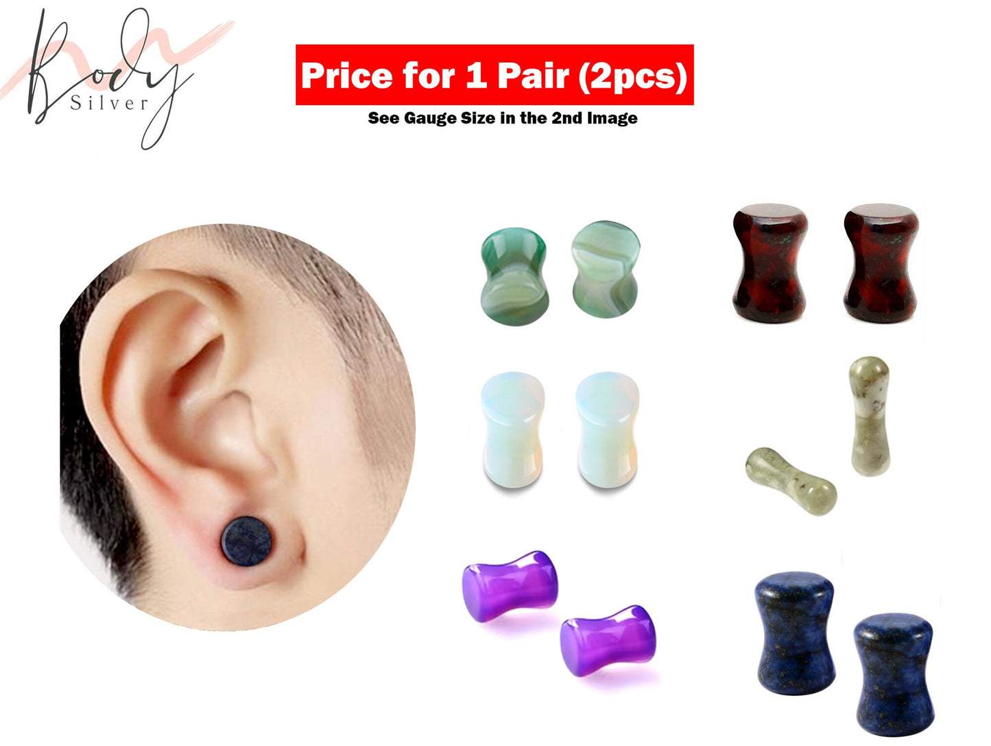 Ear Stone Plugs, Stone tunnels - 1 Pair (2pcs) of Ear Gauge Stretching kit made from natural stone minerals - tunnels and plugs 8g to 00g