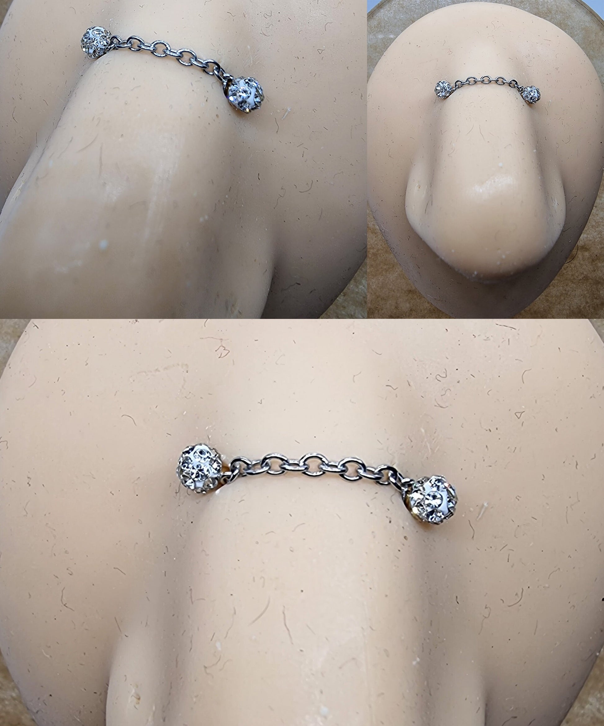 Titanium Nose Bridge Piercing, Nose Barbell- Nose Chain Piercing with Disco Ball CZ Crystals Body Piercing Nostril Jewelry with Bridge Chain