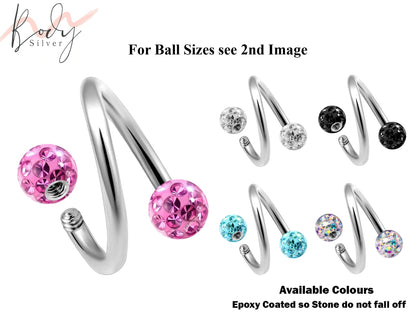 Helix Earrings, Cartilage Stud - Spiral Bar Piercing with Epoxy Coated Ferido Ball Crystals - Body Piercing Jewelry for Nipple, Ear, Lip