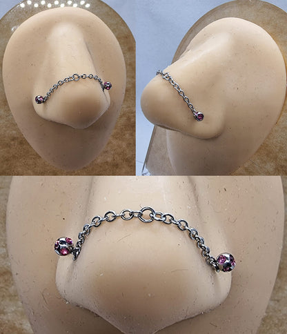 Tiranium Nasallang Piercing, Nostril Chain with Nostril Stud and Multiple CZ Crystals Ball- Body Piercing Nostril Jewelry with Bridge Chain