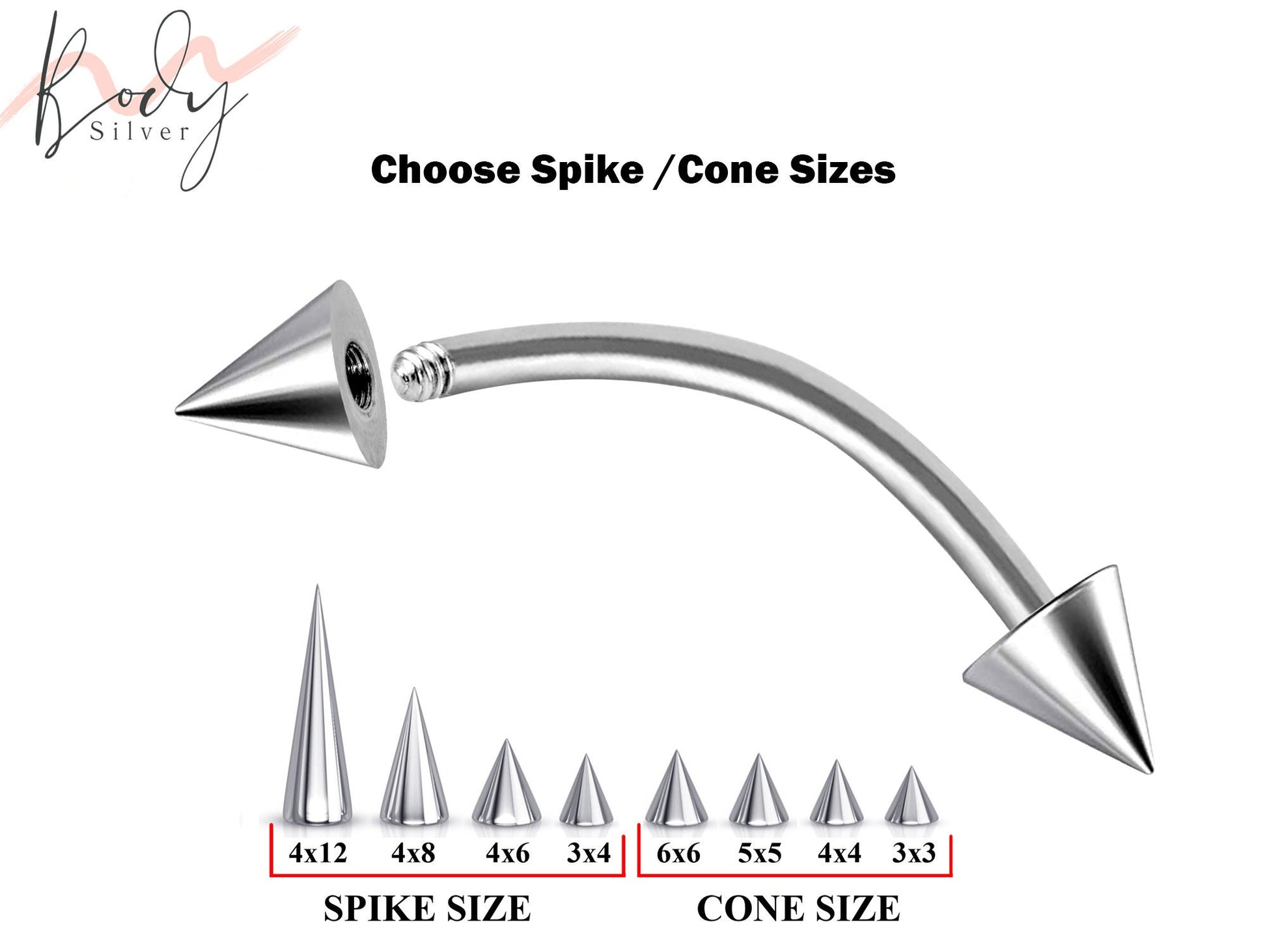 Spike Rook Piercing, Eyebrow Jewelry - Choose Cone / Spike Size for Bent Bar - Body Piercing for Nipple, Vertical Labret, Cartilage Earring