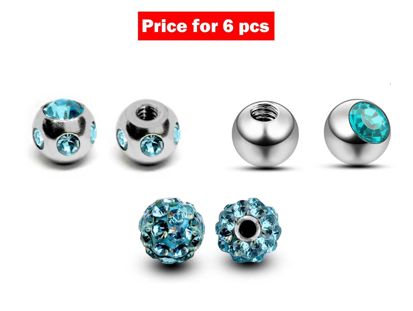 Replacement Piercing Parts Ball Crystal – 6pcs Loose Ball Part - Attachment for Barbell Ball Piercing, Labret, Horseshoe Externally Threaded