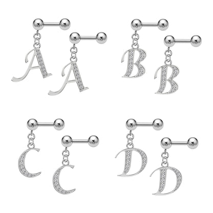 Helix Earrings, Barbell Charm - 16g Barbell Studs with Silver Dangle Alphabet A-Z Charm - Piercing for Rook, Industrial Bar, Tragus