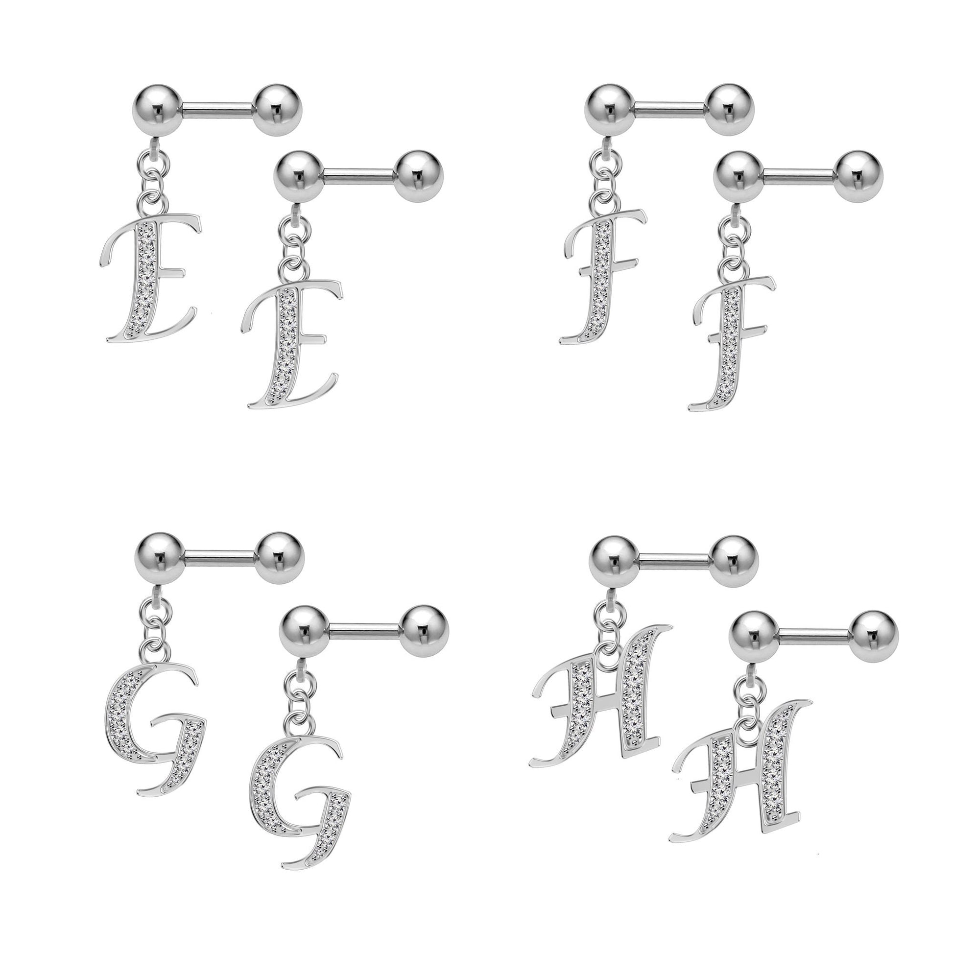 Helix Earrings, Barbell Charm - 16g Barbell Studs with Silver Dangle Alphabet A-Z Charm - Piercing for Rook, Industrial Bar, Tragus