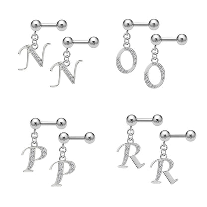 Helix Earrings, Barbell Charm - 16g Barbell Studs with Silver Dangle Alphabet A-Z Charm - Piercing for Rook, Industrial Bar, Tragus