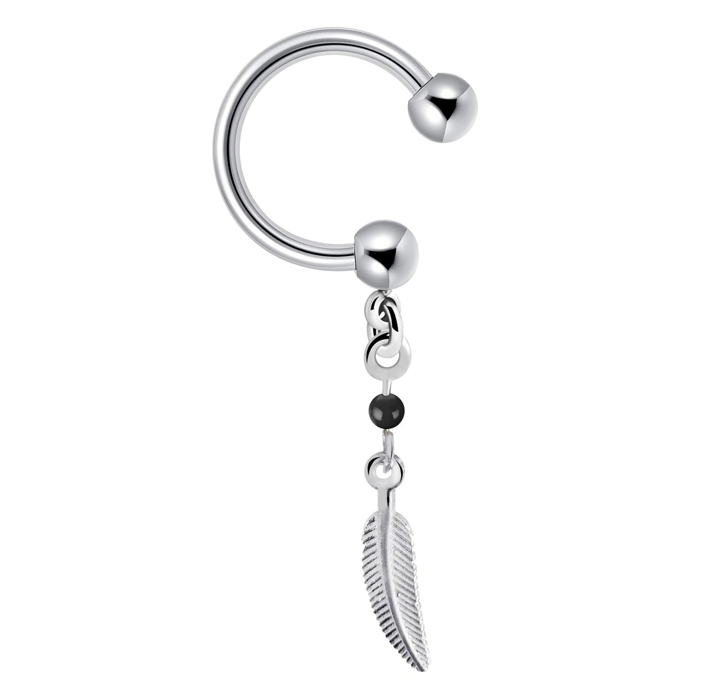 Horseshoe Barbell, Nipple Ring - 16g Circular Barbell Piercing with Silver Dangle Feather Charm -Piercing for Nose Septum, Earring, Conch