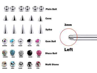 Cartilage Earring, Tongue Jewelry, Straight Barbell Piercing - Customize 16g Barbell Earrings Make your own Piercing Jewelry - Ball Size 3mm