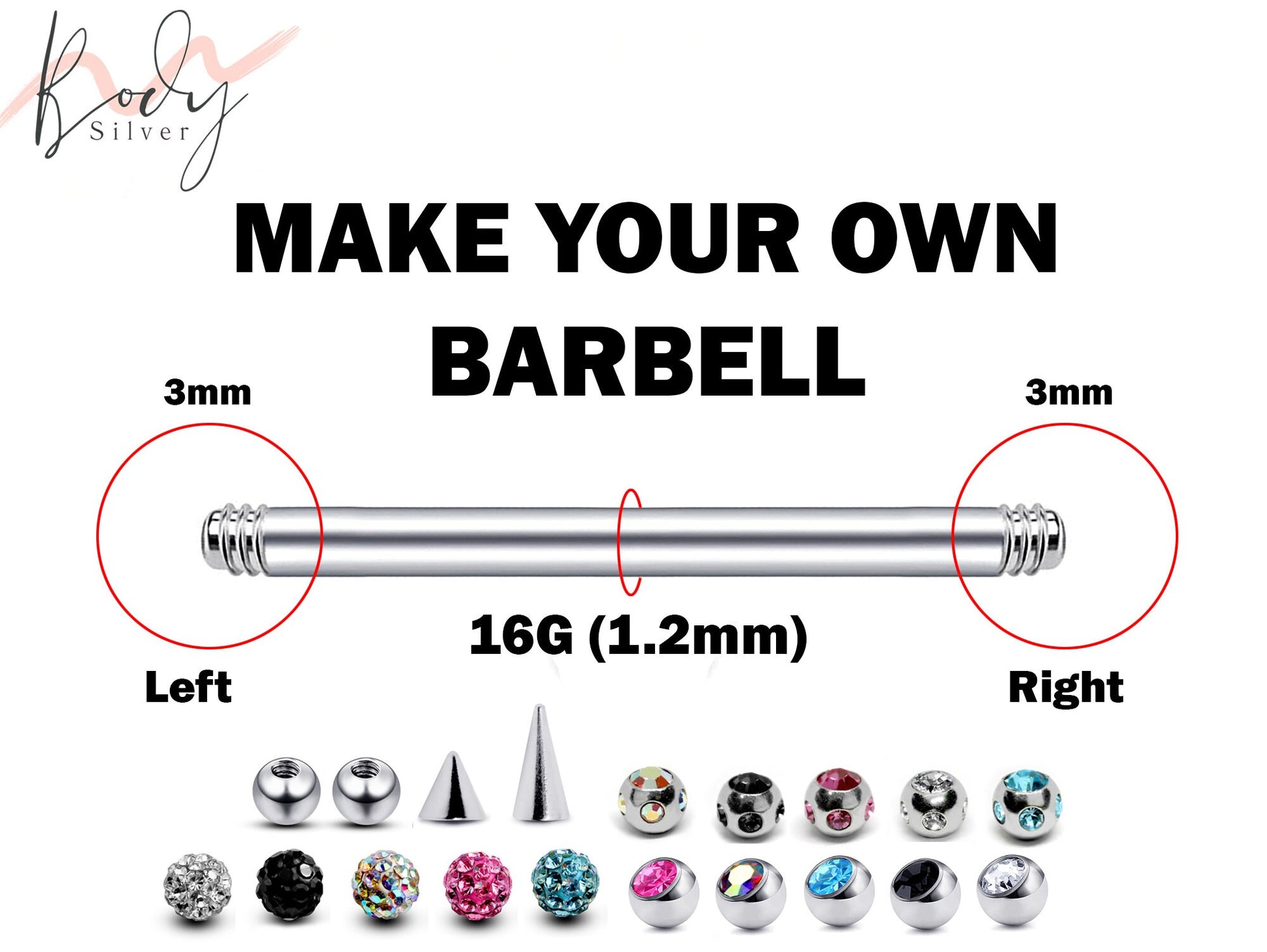 Cartilage Earring, Tongue Jewelry, Straight Barbell Piercing - Customize 16g Barbell Earrings Make your own Piercing Jewelry - Ball Size 3mm