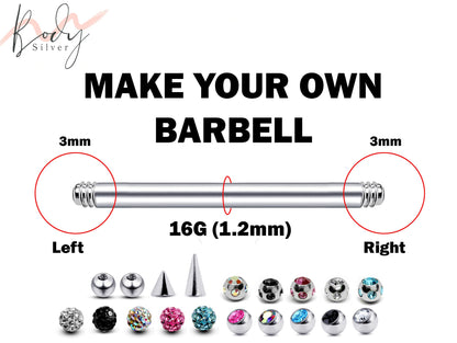 Cartilage Earring, Tongue Jewelry, Straight Barbell Piercing - Customize 16g Barbell Earrings Make your own Piercing Jewelry - Ball Size 3mm