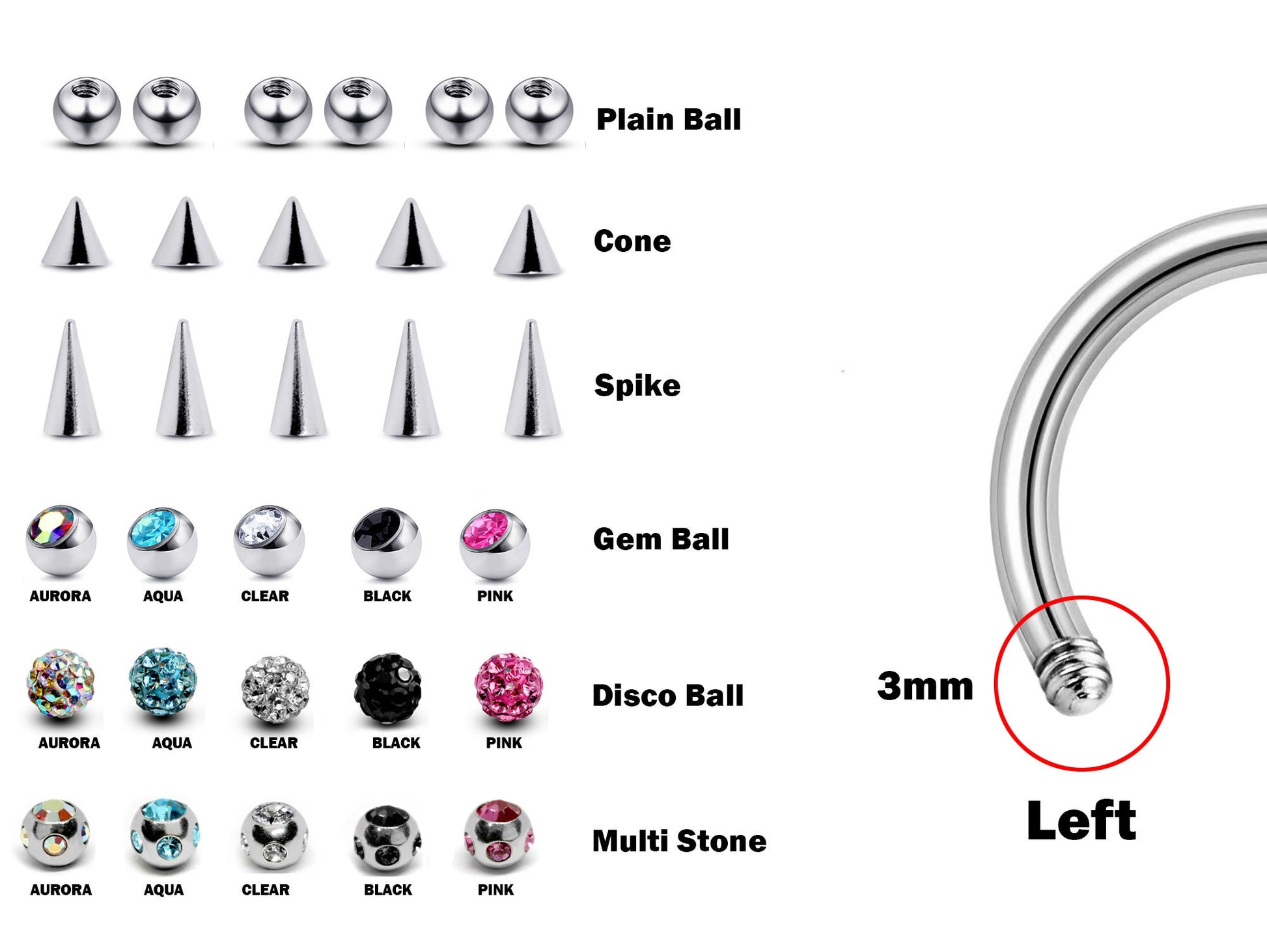 Lip Piercing, Nose Septum Jewelry, Horseshoe Jewelry - Customize 16g CBB Make your own Piercing Jewelry - Ball Size 3mm