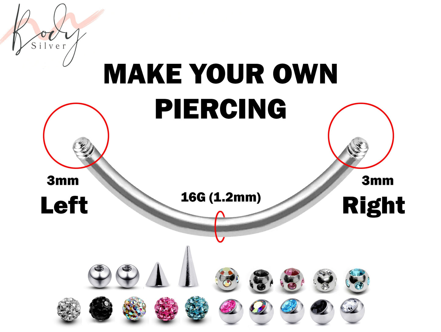 Rook Piercing, Eyebrow Jewelry, Cartilage Earrings - Customize 16g Bent Bar Earrings Make your own Piercing Jewelry - Ball Size 3mm