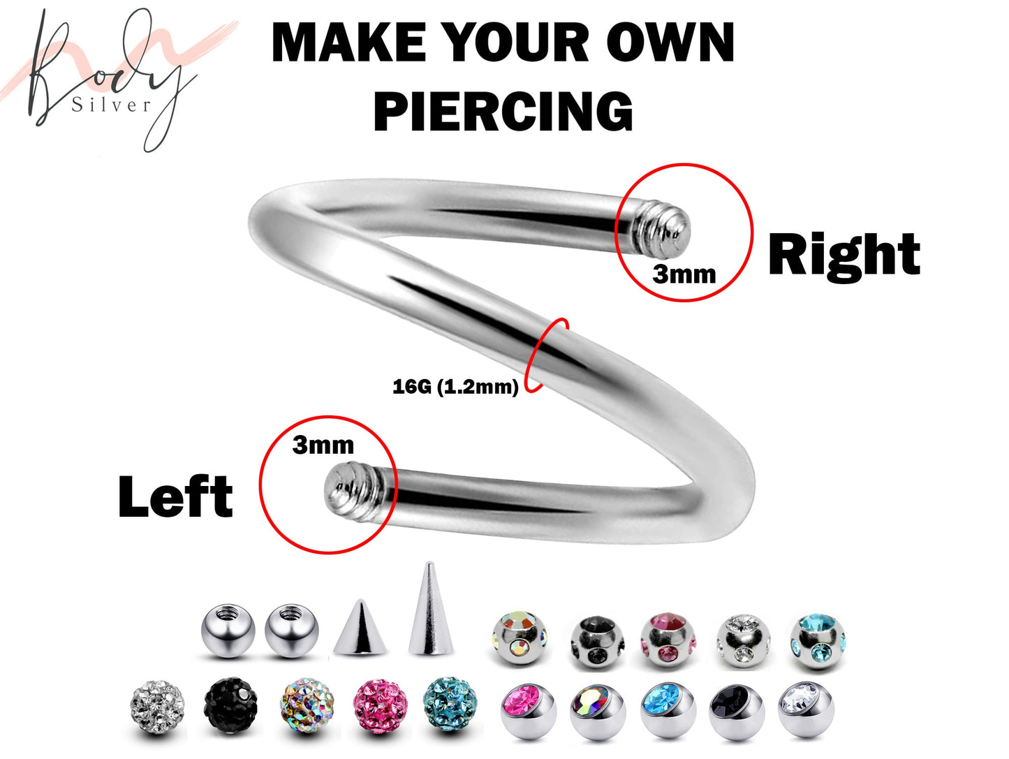 Helix Earrings, Cartilage Stud, Spiral Piercing - Customize 16g Screw Back Earrings Make your own Piercing Jewelry - Ball Size 3mm