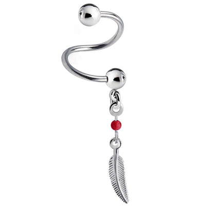 Spiral Barbell - 16g Twisted Barbell Piercing with Silver Dangle Feather Charm - Piercing for Helix, Tragus, Daith, Ear Cartilage