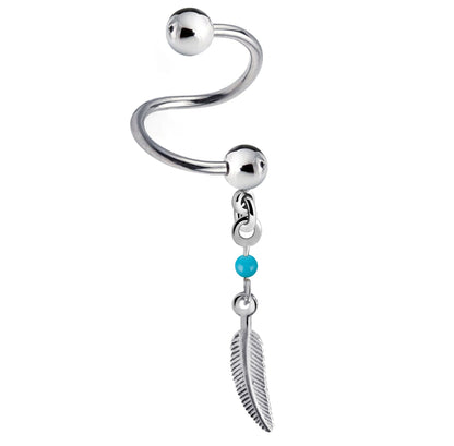 Spiral Barbell - 16g Twisted Barbell Piercing with Silver Dangle Feather Charm - Piercing for Helix, Tragus, Daith, Ear Cartilage