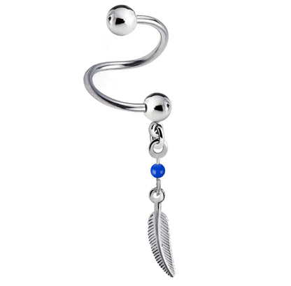 Spiral Barbell - 16g Twisted Barbell Piercing with Silver Dangle Feather Charm - Piercing for Helix, Tragus, Daith, Ear Cartilage