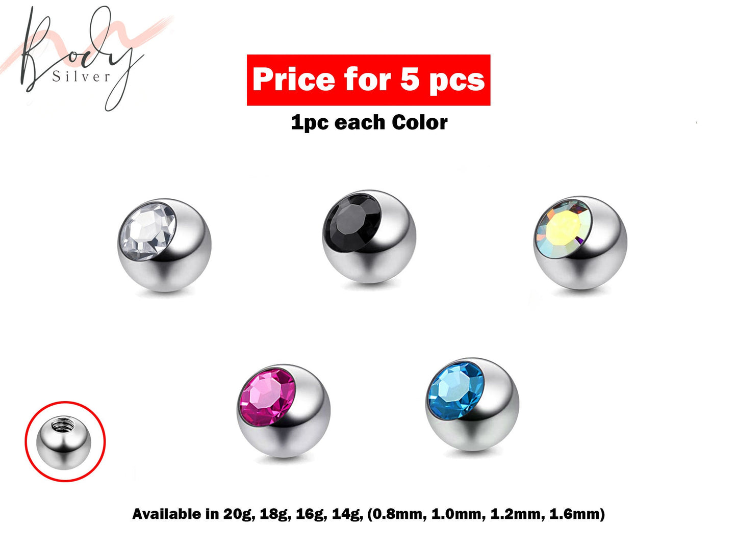 Replacement Ball Parts, Gem Ball Crystal – 5pcs, 10pcs Piercing Ball Crystals attachment for Barbell, Labret, Horseshoe Piercing Jewelry