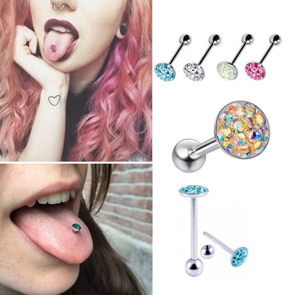 Titanium Tongue Ring, Straight Barbell Piercing - (1.6mm) 14g Flat top Tongue Bars with top Coated CZ Crystals - Barbell Studs, Tongue Bar