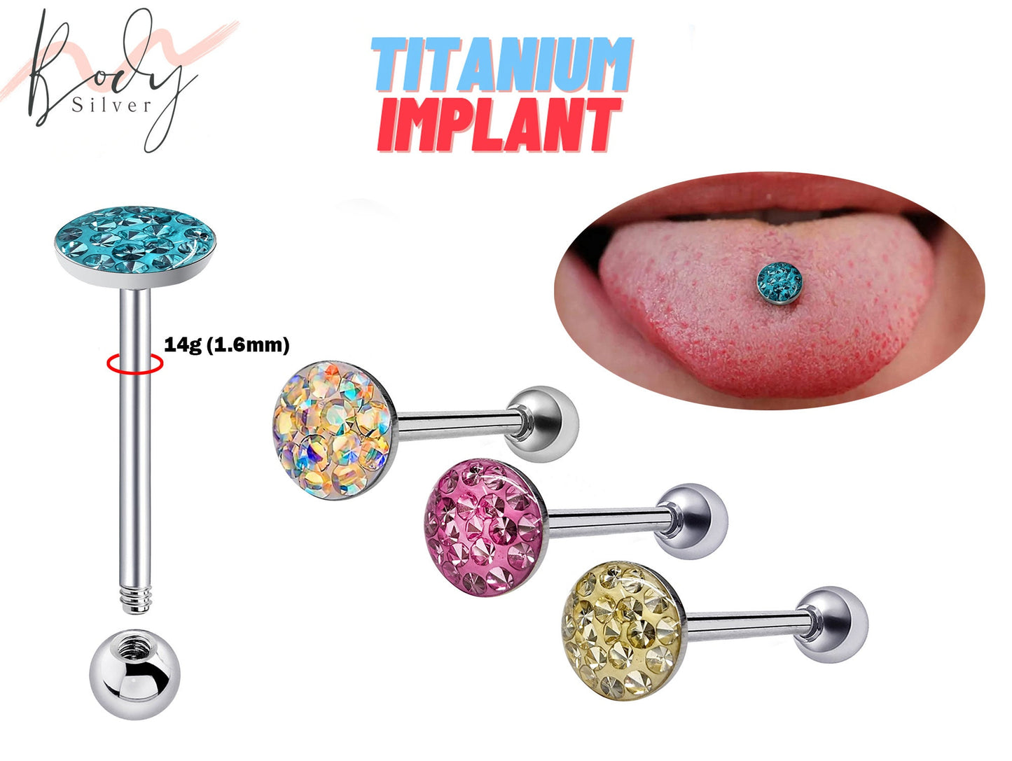 Titanium Tongue Ring, Straight Barbell Piercing - (1.6mm) 14g Flat top Tongue Bars with top Coated CZ Crystals - Barbell Studs, Tongue Bar