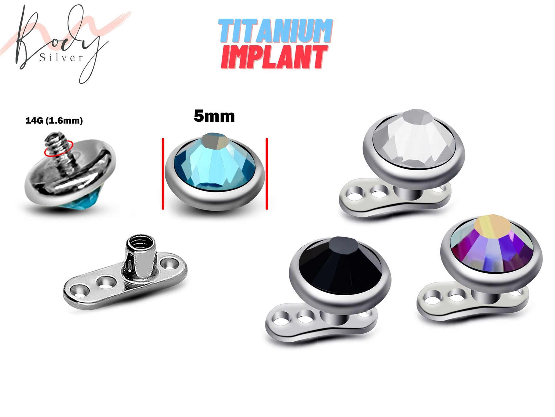 Titanium Dermal Jewelry, Piercing Kit 14g Nape Jewelry with Gem