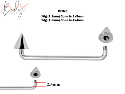 Surface Tragus Piercing, Wrist Piercing - 16g 14g Surface Staple Bar - Threaded Cone / Spike Body Piercing for Nape, Face, Chest, Hips